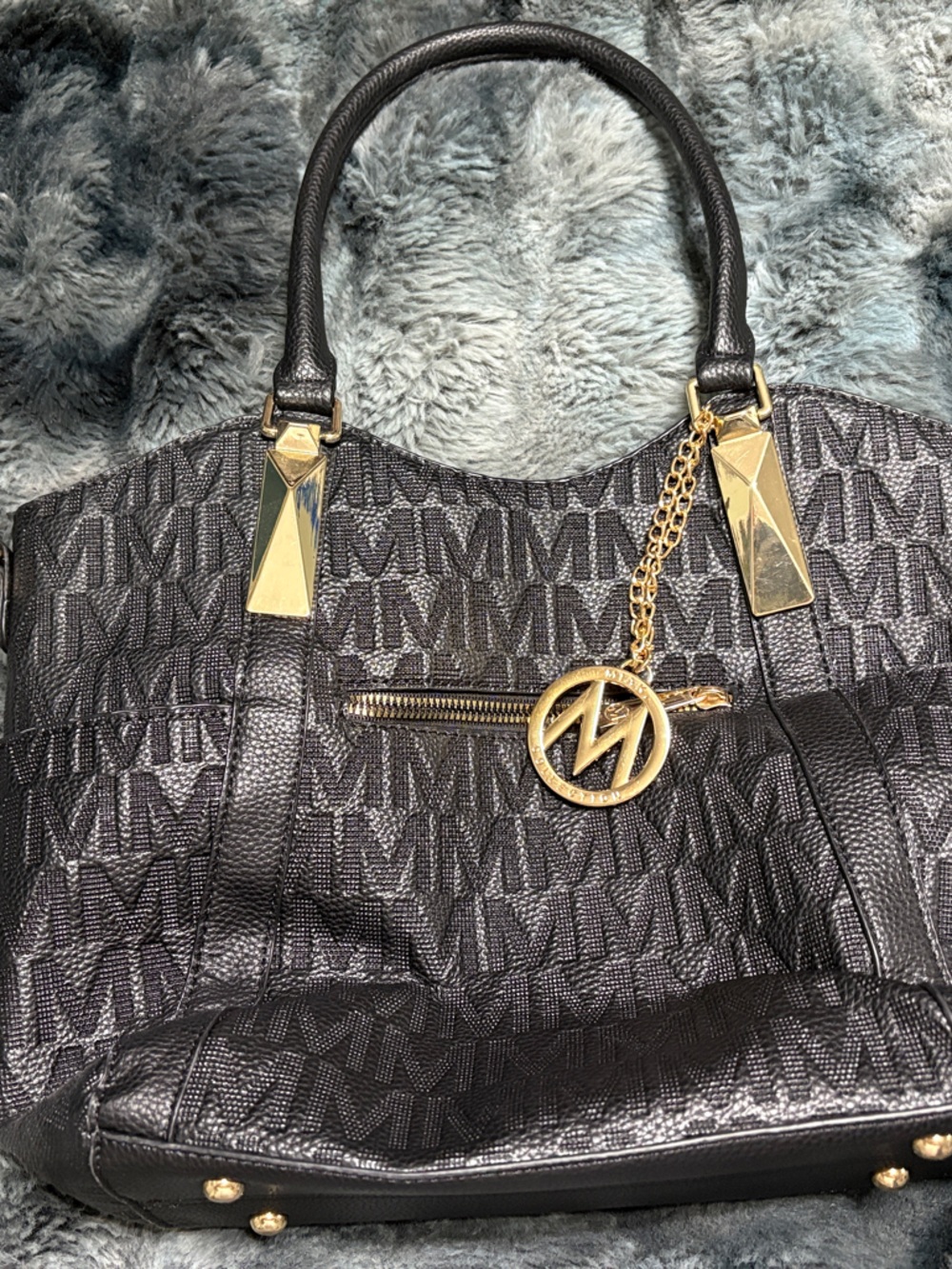 Black Logo-Print Tote with Gold Charm